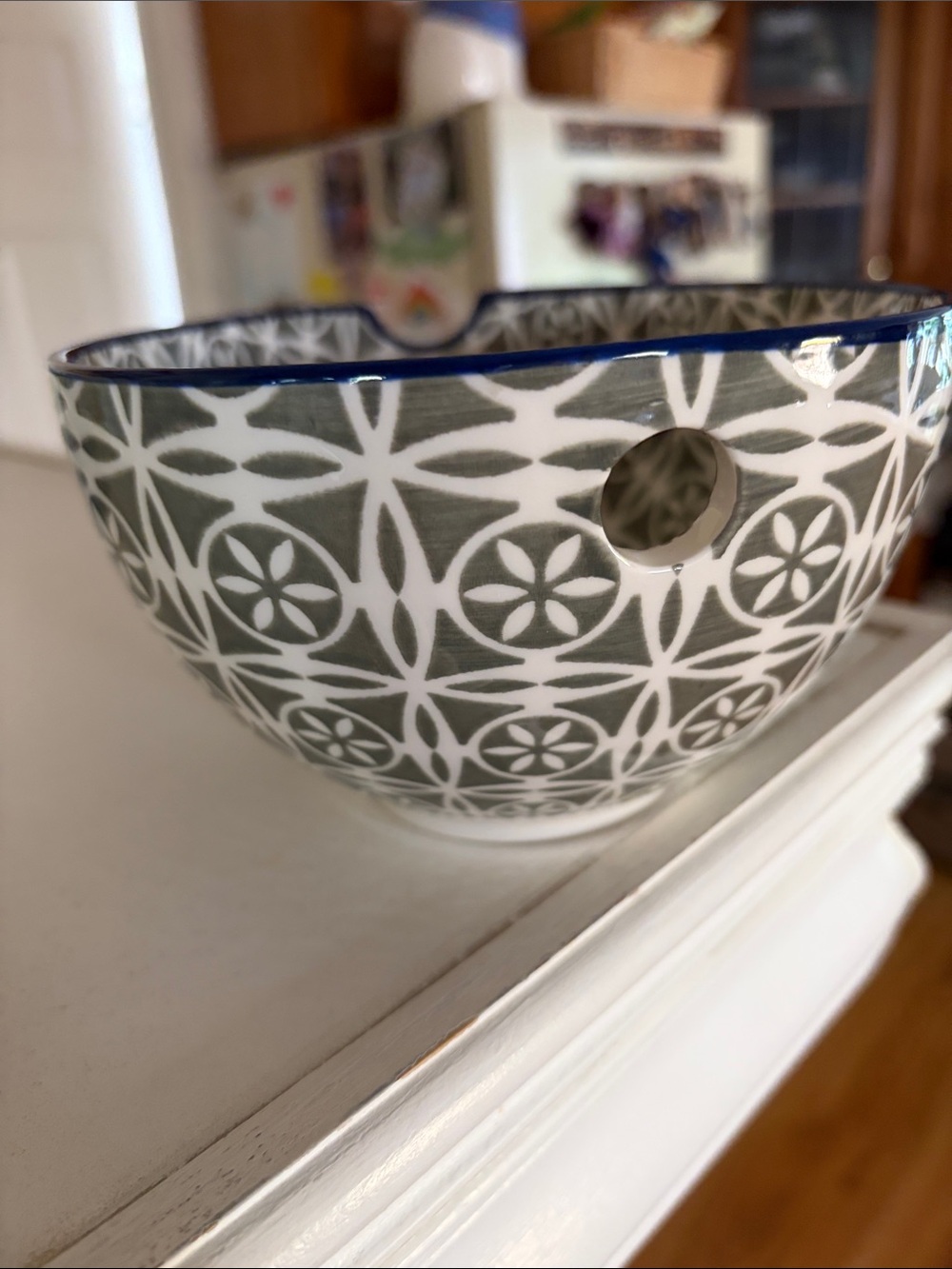 Decorative Gray/Green & White Ramen, Noodle Bowl with Navy Rim
